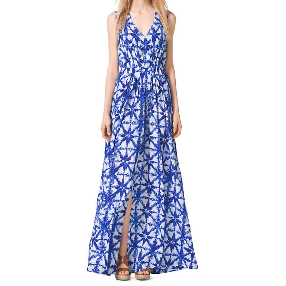 Michael Kors Tile-Print Crepe Maxi Dress | V-Neck | Front Slit | Size 10